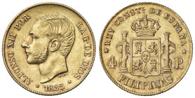 FILIPPINE Alfonso XII (1874-1885) 4 Pesos 1882 - Fr. 4 AU (g 6,79) RR

Status: qSPL