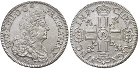 FRANCIA Luigi XIV (1643-1715) Ecu 1690 D - Gad. 216 AG (g 27,16) Nell'asta Heritage 3081 del 2020, lotto 30471, un esemplare in slab MS64 ha realizzat...