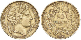 FRANCIA Seconda repubblica (1848-1852) 20 Franchi 1851 A - Gad. 1059 AU (g 6,43) Colpo al bordo.

Status: BB+