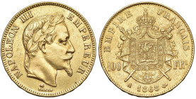 FRANCIA Napoleone III (1852-1870) 100 Franchi 1868 A - Gad. 1136; Fr. 551 AU (g 32,21) Lievi tracce di manipolazione sul volto al D/. Con cartellino a...