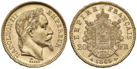 FRANCIA Napoleone III (1852-1870) 20 Franchi 1865 A Parigi - Gad. 1062 AU

Status: FDC