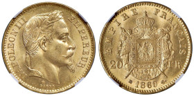 FRANCIA Napoleone III (1852-1870) 20 Franchi 1869 BB Strasburgo - Gad.1062 - F.532 AU Esemplare di eccezionale conservazione. In slab NGC MS64+ n. 663...