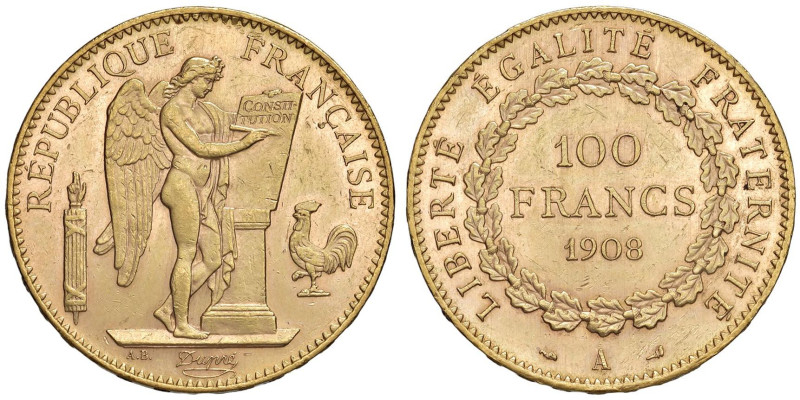 FRANCIA Terza repubblica (1871-1940) 100 Franchi 1908 A - Gad. 1137a AU (g 32,30...