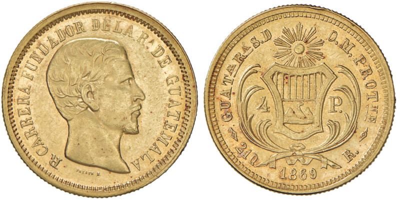 GUATEMALA 4 Pesos 1869 - KM 187 AU (g 6,74) RR Lievi contatti al D/, ma esemplar...