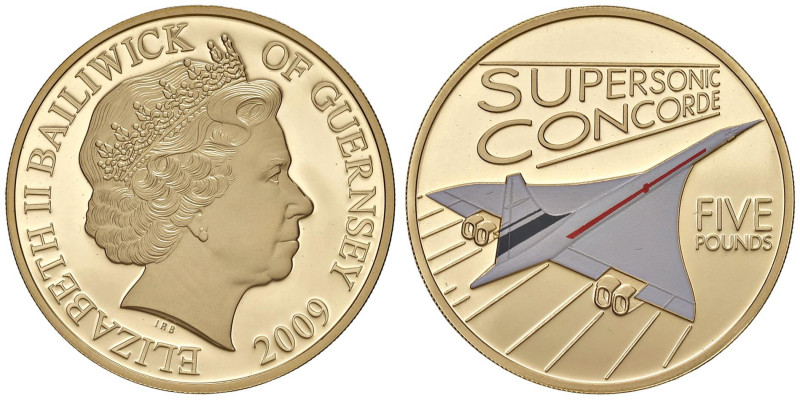 GUERNSEY 5 Sterline 2009 gold, 40° Anniversario del Supersonic Concorde. Box & C...