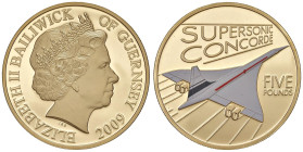 GUERNSEY 5 Sterline 2009 gold, 40° Anniversario del Supersonic Concorde. Box & COA. Edizione limitata 40 esemplari.

Status: PROOF