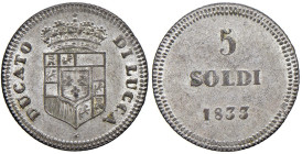 LUCCA Carlo Ludovico di Borbone (1824-1847) 5 Soldi 1833 - MIR 254 MI (g 2,70) R Magnifico esemplare dall'argentatura intatta.

Status: qFDC