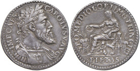 MILANO Carlo V d'Asburgo (1535-1556) Testone della pietà - Crippa 26/B. MIR manca AG (g 11,99) RRR La raffigurazione con corazza e lauro che ornano la...