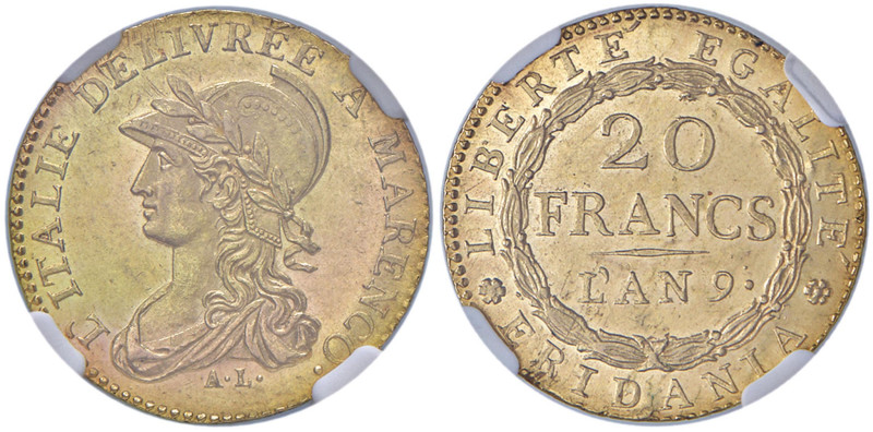 TORINO Repubblica Subalpina (1800-1802) 20 Franchi An. 9 - Gig. 1 AU R In slab N...