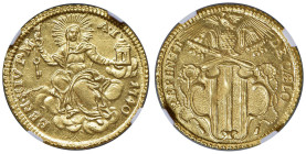 Benedetto XIV (1740-1758) Zecchino 1740 An. I - Munt.4 AU RR Esemplare di eccezionale conservazione, un vero gioiello numismatico. In slab NGC MS64+ n...