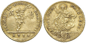 Pio VI (1775-1799) Mezza doppia 1779 - Munt. MANCA; MIR MANCA AU (g 2,68) RRRRR Millesimo inedito, non censito nei principali cataloghi della letterat...