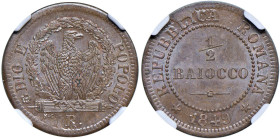 Seconda repubblica romana (1848-1849) Mezzo baiocco 1849 - Nomisma 588 CU R In slab NGC MS64 BN n° 6141766-007.

Status: MS64 BN