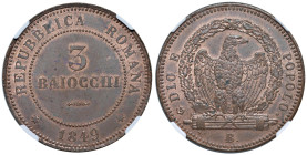 Seconda repubblica romana (1848-1849) Bologna - 3 Baiocchi 1849 - Munt. 10 AE R Esemplare in conservazione eccezionale dai riflessi rossi su fondi spe...