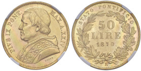 Pio IX (1846-1878) 50 Lire 1870 An. XXIV - Nomisma 841 AU RRR Corservazione eccezionale per il tipo di moneta, in slab NGC MS63 n° 6641476-002.

Sta...