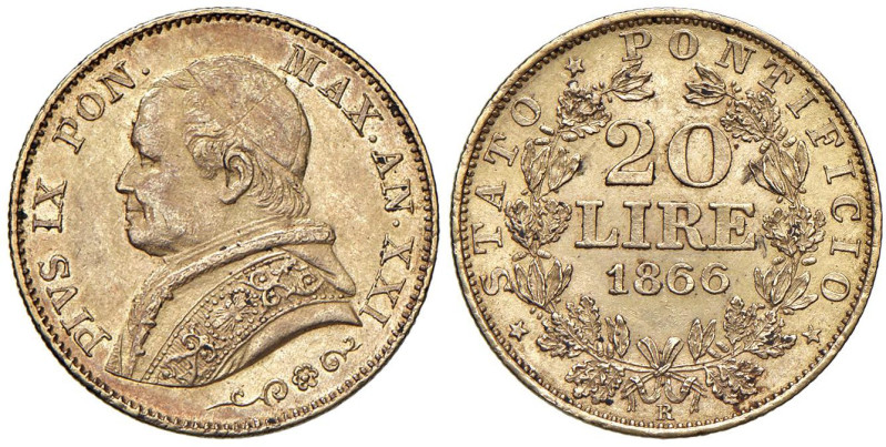 Pio IX (1846-1878) 20 Lire 1866 An. XXI - Nomisma 844 AU (g 6,46) Ottimo esempla...