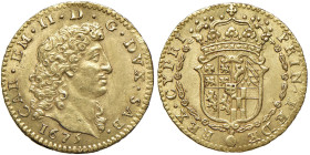 Carlo Emanuele II (1648-1675) Doppia 1675 Torino - MIR 805 (R5) AU (g 6,66) RRR Esemplare di qualità molto alta per la tipologia, certamente sopra la ...