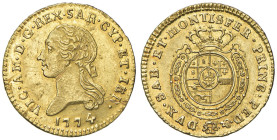 Vittorio Amedeo III (1773-1796) Mezza doppia 1774 - Nomisma 299 AU (g 4,83) RRRR Graffio di conio al D/ ma ottimo esemplare per questa moneta di estre...