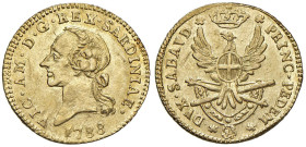 Vittorio Amedeo III (1773-1796) Mezza doppia 1788 - Nomisma 310 AU (g 4,55) NC

Status: SPL+