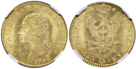 Carlo Emanuele IV (1796-1802) Doppia 1798 - Nomisma 475; MIR 1010b AU (g 9,13) RR TOP POP, miglior esemplare certificato NGC, in slab MS65 n° 2125779-...