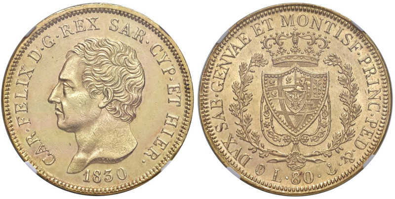Carlo Felice (1821-1831) 80 Lire 1830 G - Nomisma 532 AU In slab NGC MS60 n° 664...