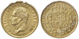 Carlo Felice (1821-1831) 20 Lire 1827 T - Nomisma 548 AU Perizia Cavaliere Francesco "SPL/qFDC".

Status: SPL/qFDC