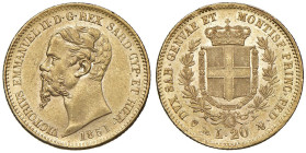 Vittorio Emanuele II (1849-1861) 20 Lire 1851 G senza la F dell'incisore sotto il collo - Nomisma 743a AU RRRR Variante senza la sigla dell'incisore F...