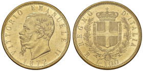 Vittorio Emanuele II (1861-1878) 100 Lire 1872 R - Nomisma 844 AU RR Tiratura di 661 esemplari. Perizia Bazzoni Angelo senza indicazione della conserv...