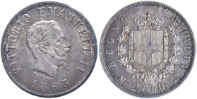 Vittorio Emanuele II (1861-1878) 50 Centesimi 1863 M stemma - Nomisma 923 AG R Perizia Cavaliere Francesco "FDC bella patina".

Status: FDC
