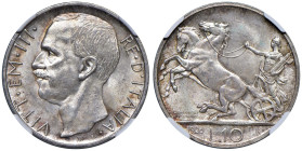 Vittorio Emanuele III (1900-1946) 10 Lire 1926 - Nomisma 1107 AG RR Doppio bordo largo. In slab NGC MS63 n° 2903213-015.

Status: MS63