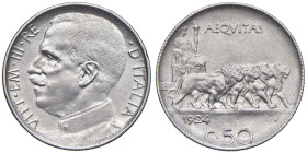 Vittorio Emanuele III (1900-1946) 50 Centesimi 1924 rigato - Nomisma 1240 NI RR Esemplare di buona qualità per questa tipologia, molto raro da reperir...