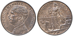 Vittorio Emanuele III (1900-1946) 10 Centesimi 1908 Prova - Nomisma P57; PP 323 CU RRR Magnifico esemplare di altissima qualità.

Status: FDC