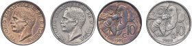Vittorio Emanuele III (1900-1946) 10 Centesimi 1921 + 10 centesimi 1922 in metallo bianco ? - Nomisma 1312; 1313 CU+MB (g 5,36 - 5,38) La moneta in me...