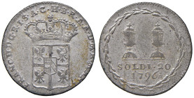 20 Soldi 1796 Primo assedio di Mantova. Biglione (Ø 24 mm - g 3,38) SPL+. Poiindessault n. 909. Moneta da 20 Soldi (1 Lira). D/ Scudo coronato. Legend...
