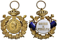 Medaglia 1814 Medaglia d'onore istituita da Gioacchino Napoleone re delle due Sicilie. AU e smalto (Ø 37x32 mm - g 16,46) Appiccagnolo e anello origin...