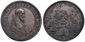 Pio V (1566-1572) Medaglia coniata 1571 An. V Battaglia di Lepanto - Opus: Giovanni Antonio De Rossi, Modesti CNORP III, 619 AE (g 52,19 - Ø 42,84 mm)...