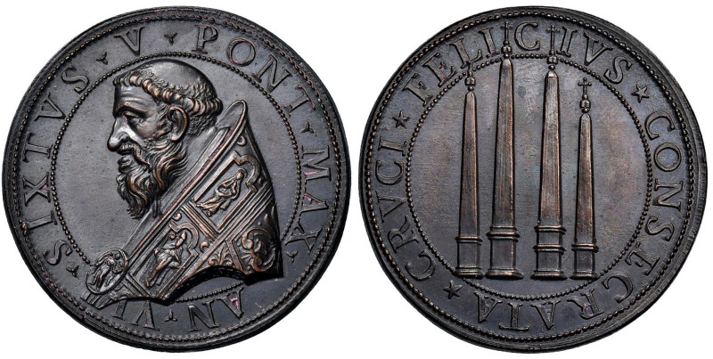 Sisto V (1585-1590) Medaglia coniata 1590 An. VI Costruzione dei quattro obelisc...