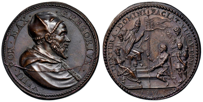 Gregorio XIV (1590-1591) Medaglia coniata 1591 Spedizione militare pontificia an...