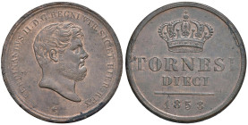 NAPOLI Ferdinando II di Borbone (1830-1859) 10 Tornesi 1858 - Nomisma 1142 CU (g 29,52) Lievi ossidazioni lungo il bordo.

Status: FDC