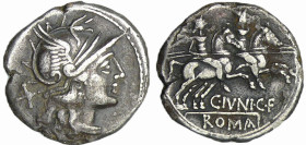 Junia - Denier (149 av. J.-C.)
A/ Tête casquée de Rome, une croix derrière la nuque. 
R/ C.IVNI.C.F // ROMA. Castor et Pollux à cheval.
TTB
RRC.21...