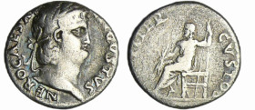 Néron - Denier (65-66, Rome) - Jupiter
A/ NERO CAESAR AVGVSTVS. Tête nue à droite. 
R/ IVPPITER CVSTOS. Jupiter assis à gauche, tenant un foudre et ...