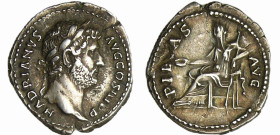 Hadrien - Denier (117, Rome) - La Piété
A/ HADRIANVS AVG COS III P P. Tête nue à droite. 
R/ PIETAS AVG. La Piété assise à gauche tenant une patére ...