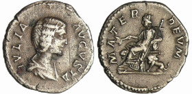 Julia Domna - Denier (198, Rome) - Cybèle
A/ IVLIA AVGVSTA. Buste à droite. 
R/ MARTI DEVM. Cybèle, tourelée, assise à gauche, entre deux lions, ten...