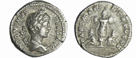 Caracalla - Denier (202, Rome)
A/ ANTONINVS PIVS AVG Buste jeune et lauré à droite. 
R/ PART MAX PONT TR P V COS. Trophée entre deux captifs assis....