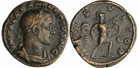 Alexandre Sévère - Sesterce (232, Rome) - Mars
A/ IMP ALEXANDER PIVS AVG Buste lauré à droite. 
R/ MARS VLTOP // SC. Mars marchant à droite en tenan...