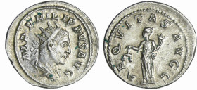 Philippe 1er - Antoninien (247, Rome) - L'Equité
A/ IMP PHILIPPVS AVG Buste radié à droite. 
R/ AEQVITAS AVGG. La Santé debout à gauche, tenant une ...