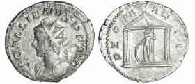 Gallien - Antoninien (259-60, Cologne) - Temple
A/ GALLIENVS P F AVG Buste radié et cuirassé à gauche, tenant une haste et un bouclier. 
R/ DEO MART...