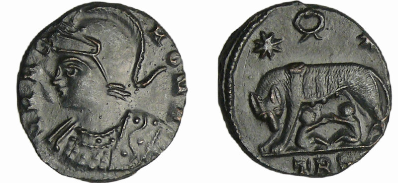 Constantin 1er - Nummus (330-333, Trèves) - Louve
A/ VRBS ROMA. Buste de Rome à...