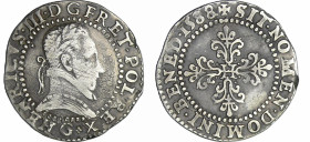 France - Henri III (1574-1589) - Demi-franc au col plat - 1588 G (Poitiers)
A/. HENRICVS. III. D. G. FRAN. ET. POL. REX Buste au col plat, lauré et c...