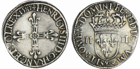 France - Henri III (1574-1589) - Quart d'écu - 1587 9 (Rennes)
A/ + HENRICVS III D G FRANC ET POL REX Croix fleurdelisée. 
R/ + SIT NOMEN DOMINI BEN...