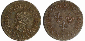 France - Henri IV (1589-1610) - Denier tournois - 1610 A (Paris)
A/ HENRI IIII R DE FRAN ET NAVAR. Buste lauré et cuirassé. 
R/ + DENIER TOVRNOIS De...